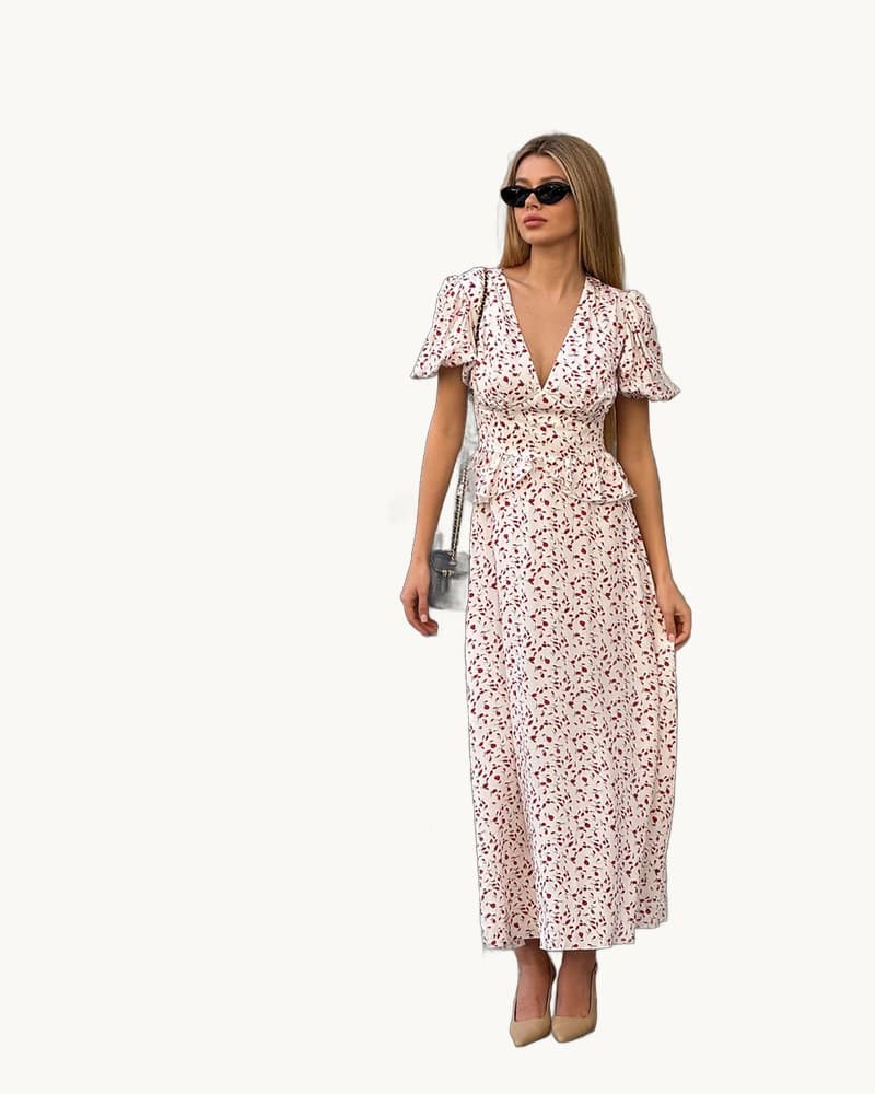 Printed Waist-cinching Puff Sleeve Dress 1