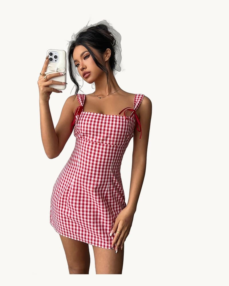 The New Y2k Fashionable Checkered Mini Halter Dress for 1