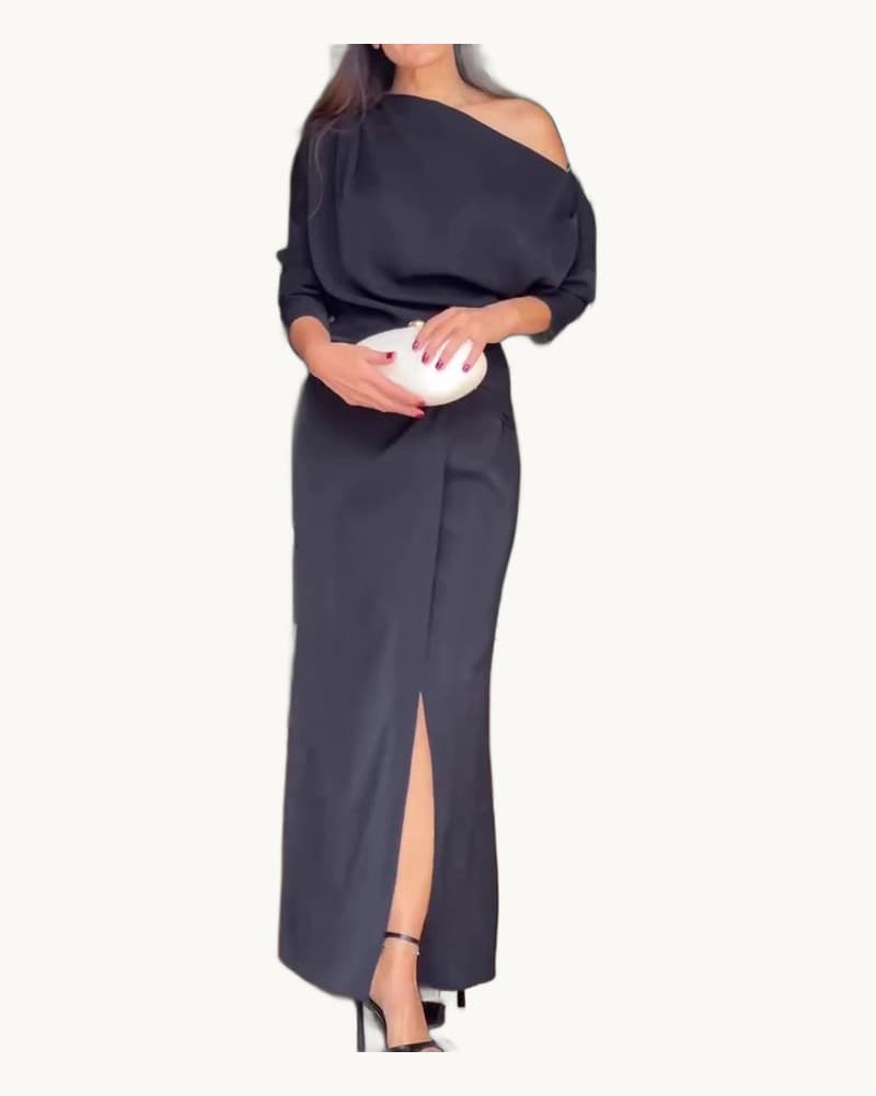 One-shoulder Metal Buckle High Slit Dress 1