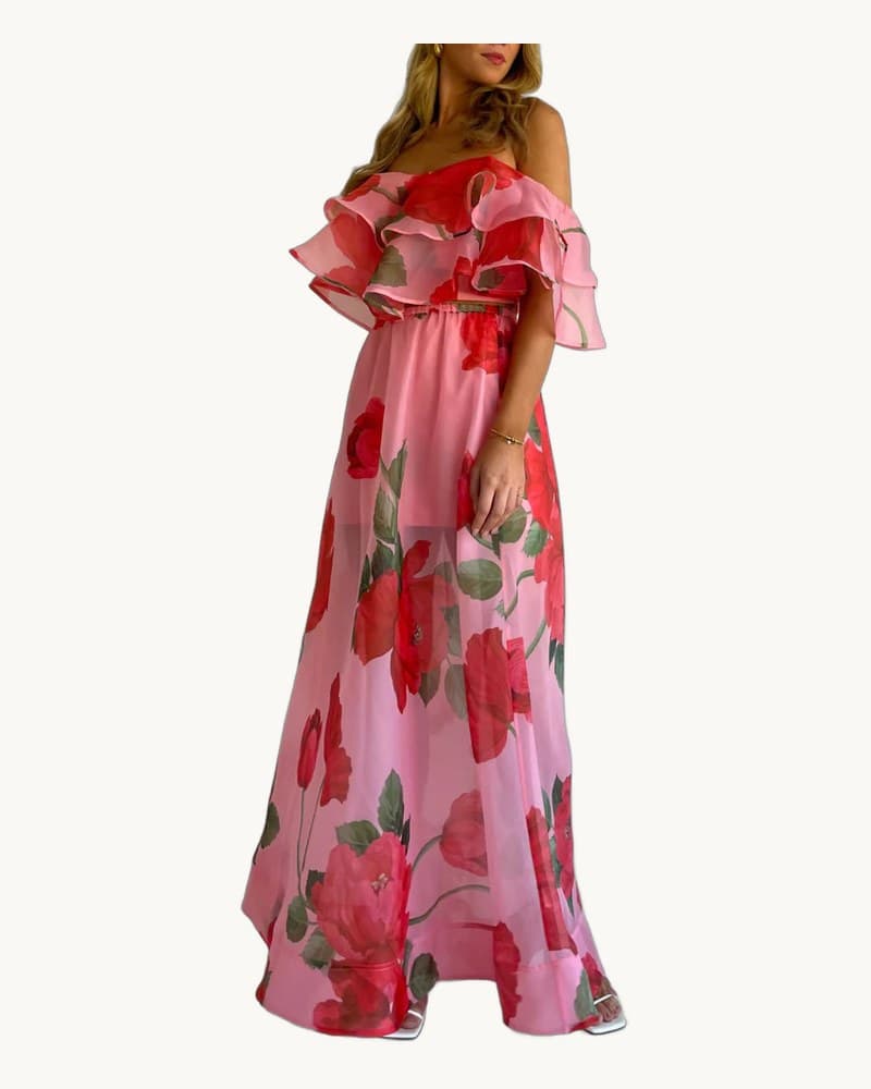 Sexy Strapless Irregular Print Ruffled Fashion Suit Long 1