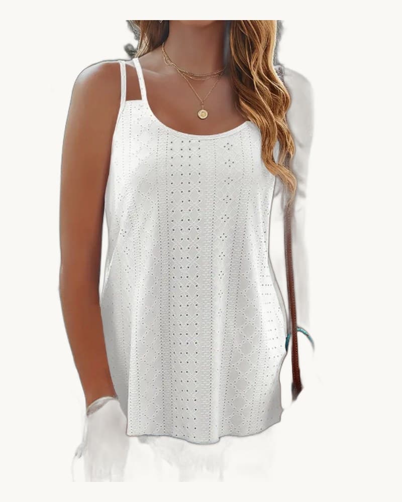 Eyelet Lettuce Trim Cami Top, Casual Sleeveless Scoop Neck 1