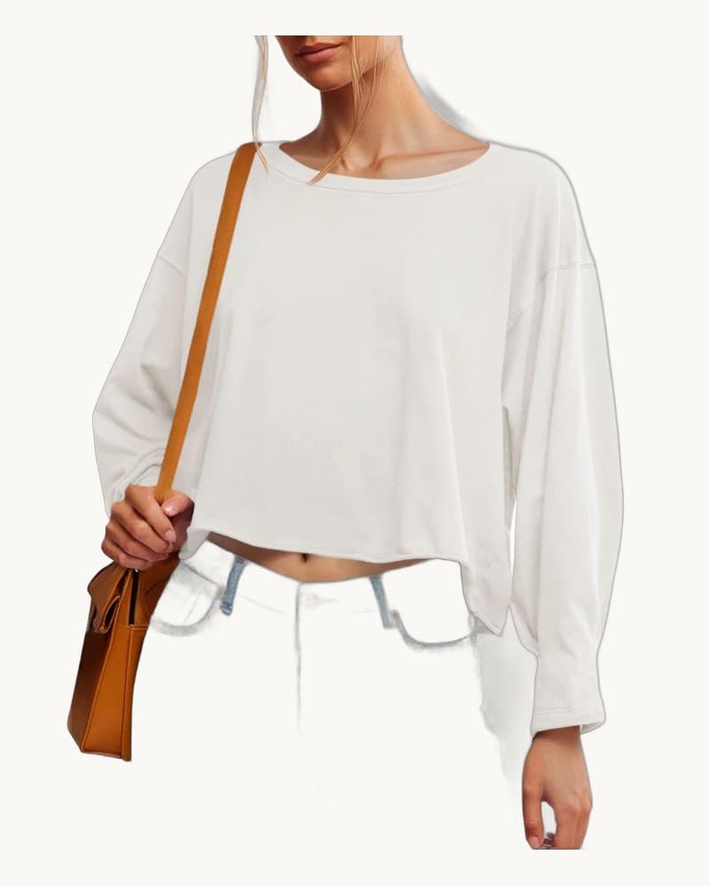 Fisoew Womens Long Sleeve Crop Tops Loose Fit Crew Neck 1