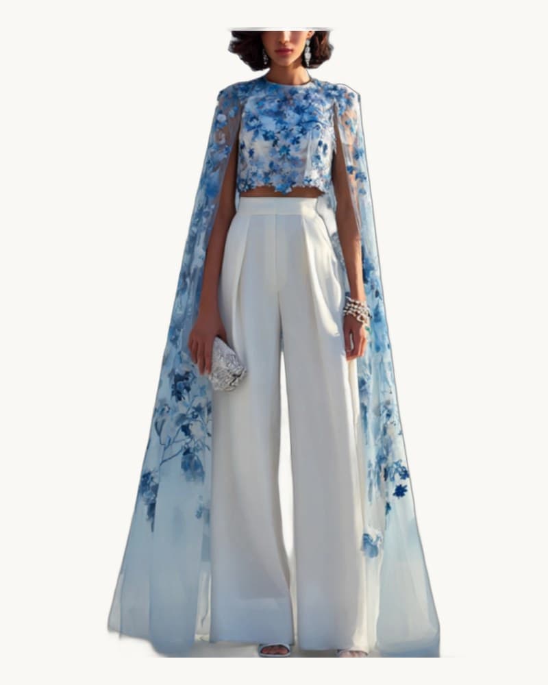 Floral Print Cape-back Crop Top-one-piece Elegant Sheer 1