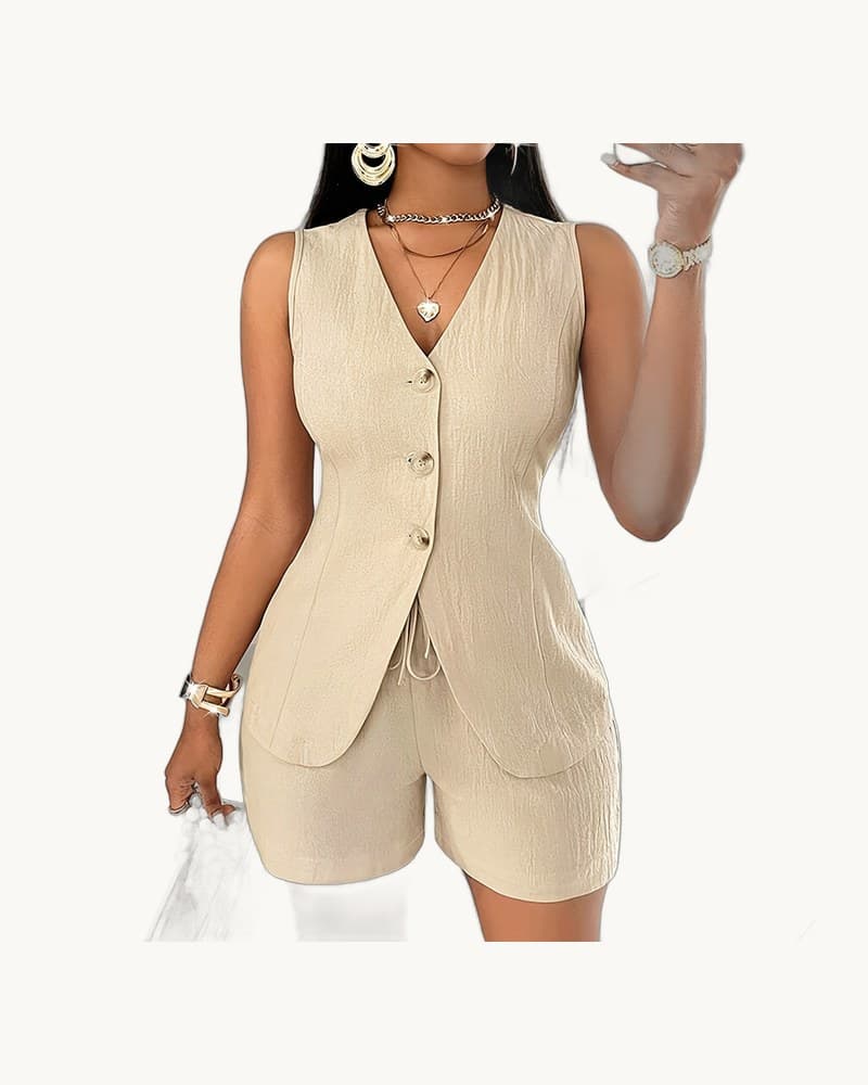2 Piece Summer Outfit Sleeveless V-neck Button Down Vest 1