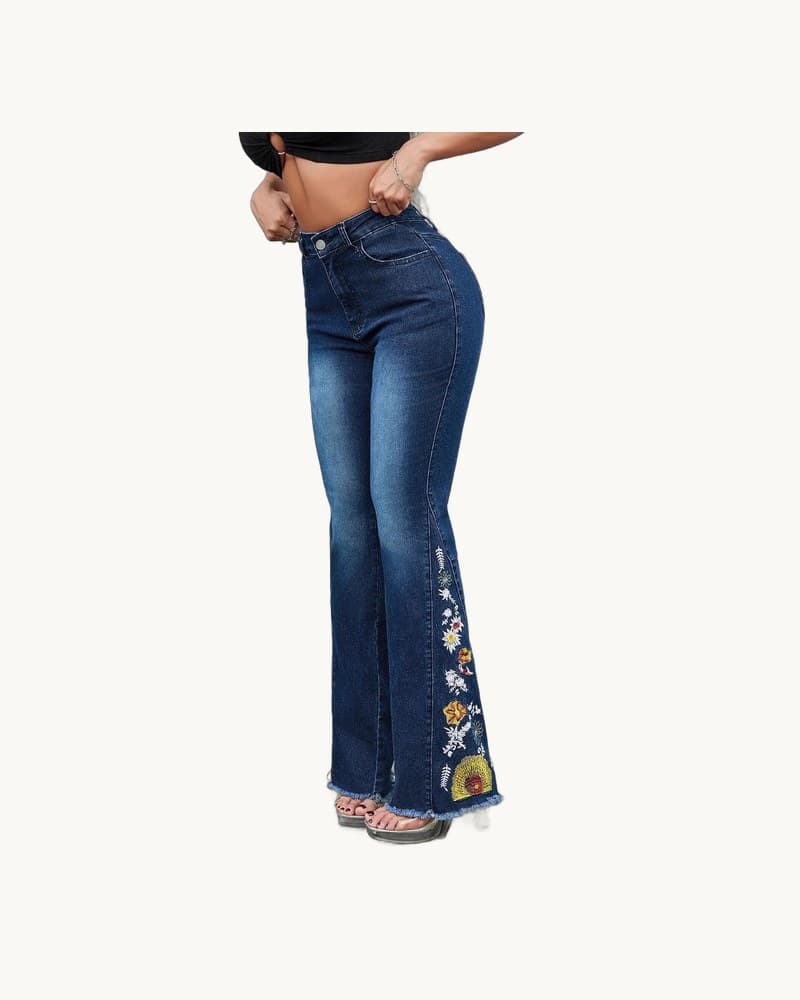 Foot Stitching Embroidery Frayed Hem Jeans 1