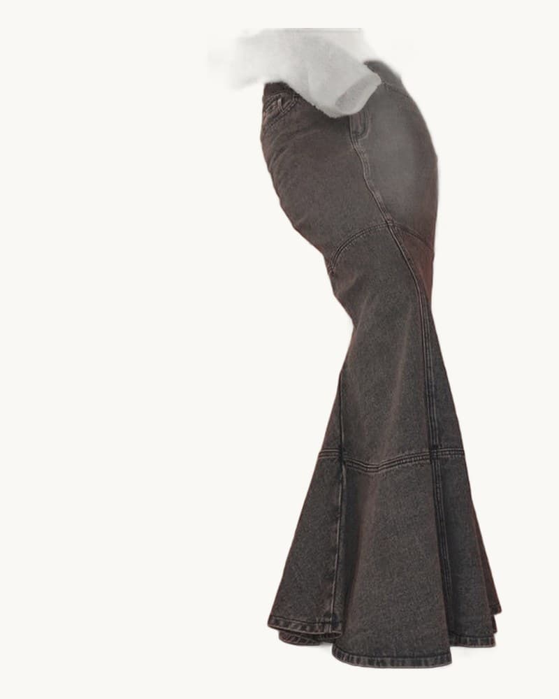 Basic Simple Gray Denim Split Splicing High-waist Mermaid 1