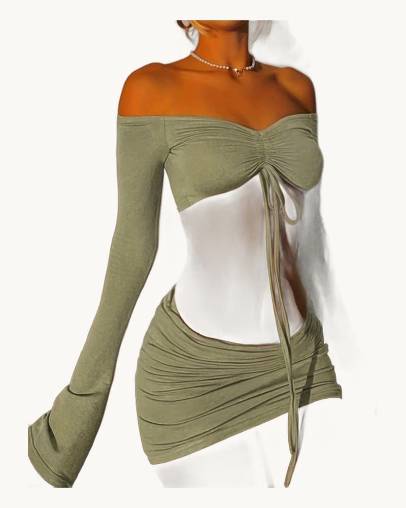 Drawstring Drop Ruched Off Shoulder Two-piece Skirt Set Y2k 1