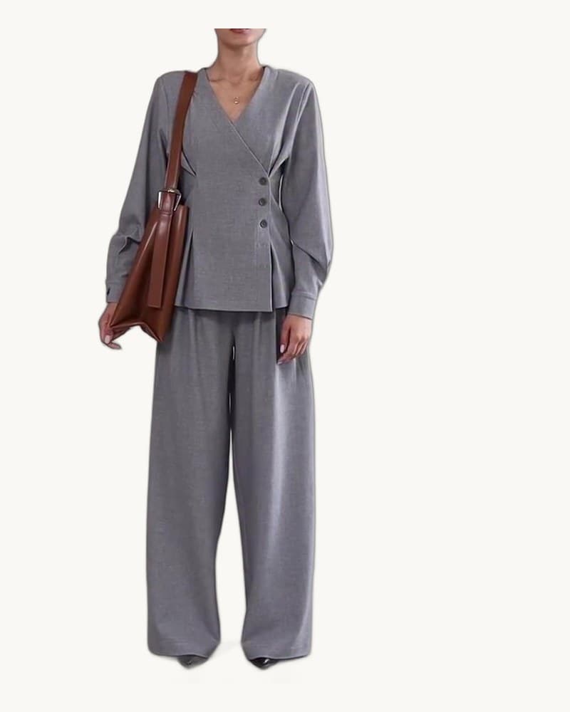Light Gray V-neck Asymmetrical Button Top & Wide-leg Pants 1