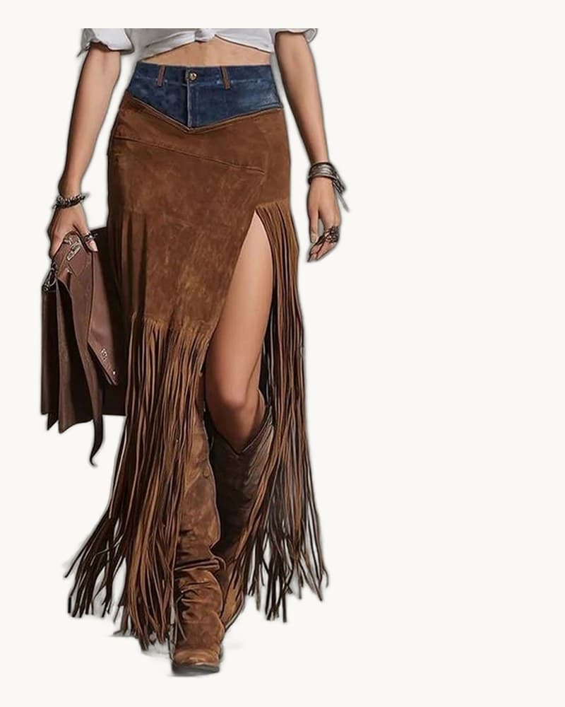 Patchwork Maxi Skirt with Fringe Hem and High Side Slit 1