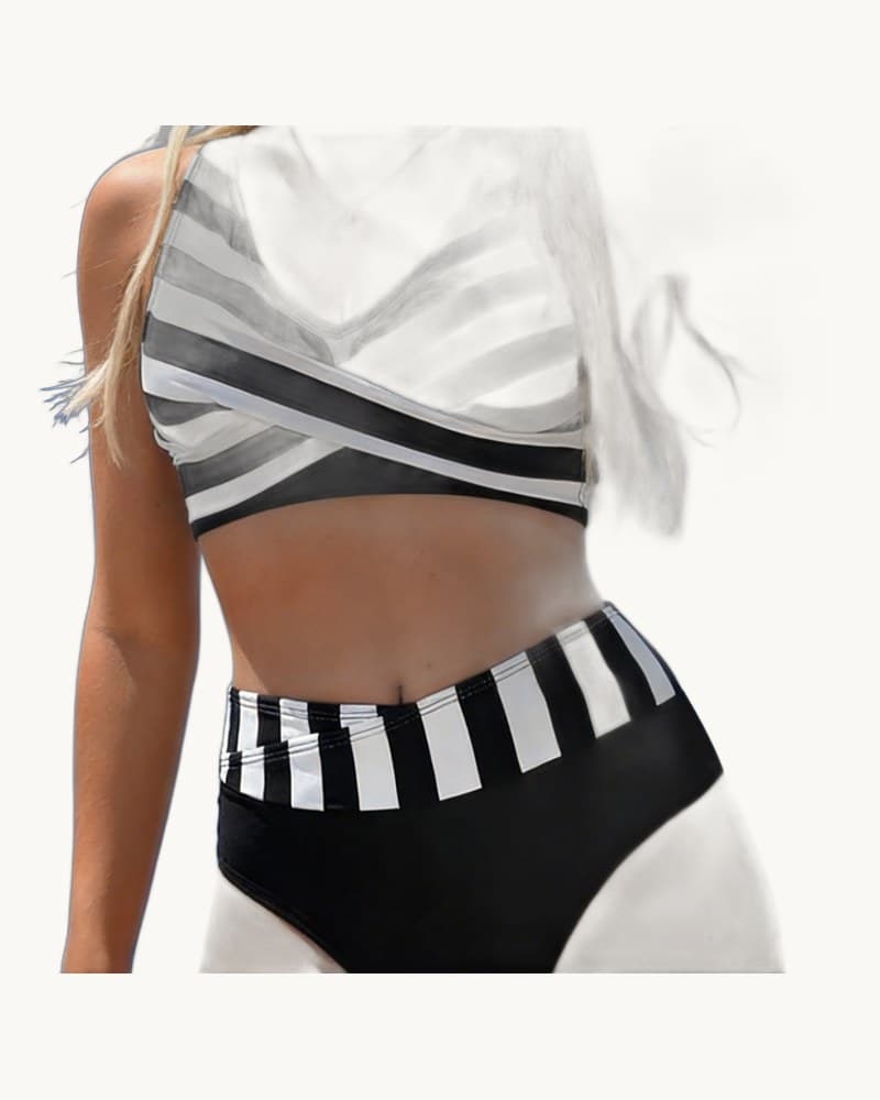 Striped Print Cross-over High-waist Sexy Two-piece Bikini 1