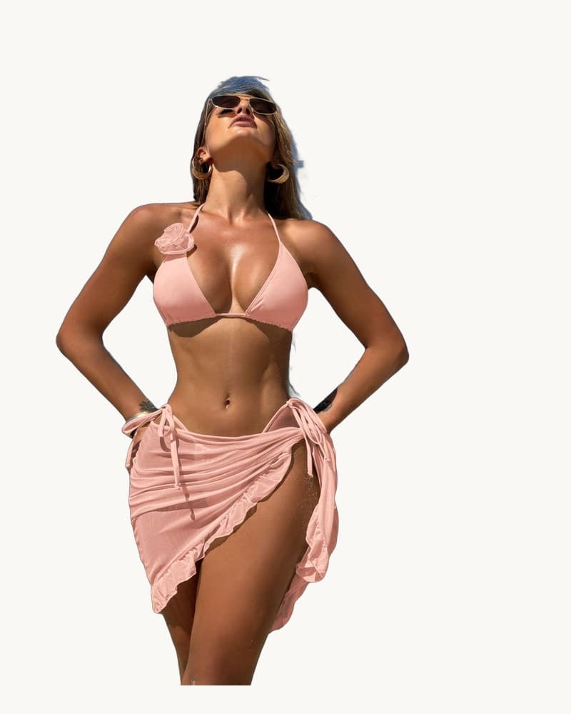 Solid-color Sexy 3-piece Mesh Short-skirt Swimsuit Bikini 1