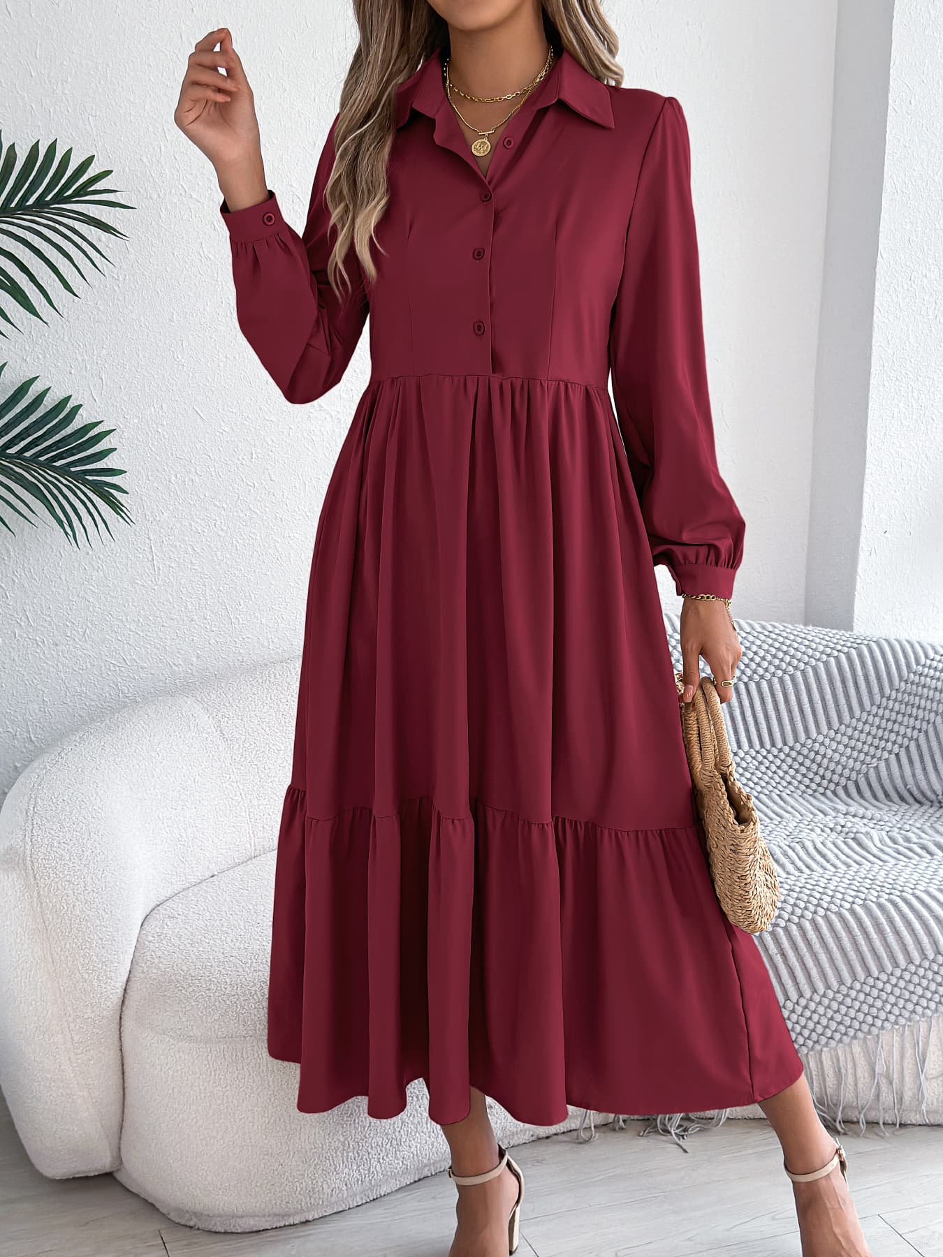 Lapel Casual Loose Long Sleeve Ruffled Blouse Dress 1