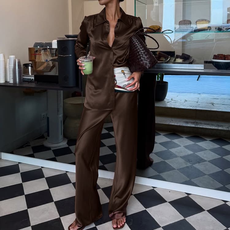 Collared Long-sleeved Cardigan Top and Wide-leg Pants 1