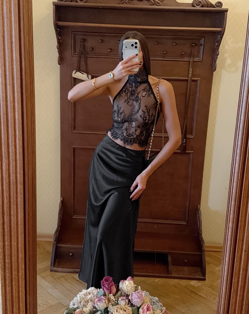 Black Lace Sheer Halter Top and Satin High-waisted Skirt 1