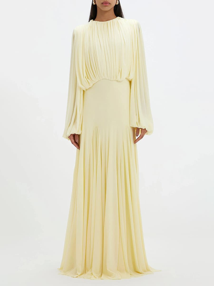 Pleated Patchwork Waist-cinching Long Dress 1