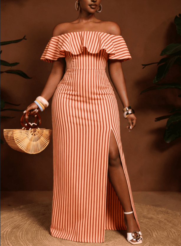 Off Shoulder Ruffle Striped Maxi Dress 1