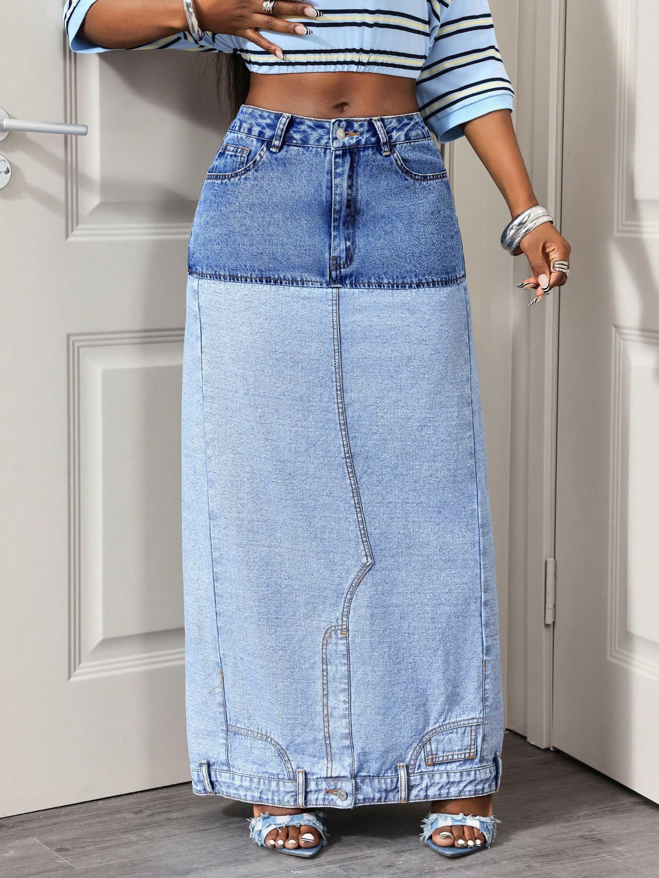 Asymmetric Two-tone Denim Maxi Skirt 1