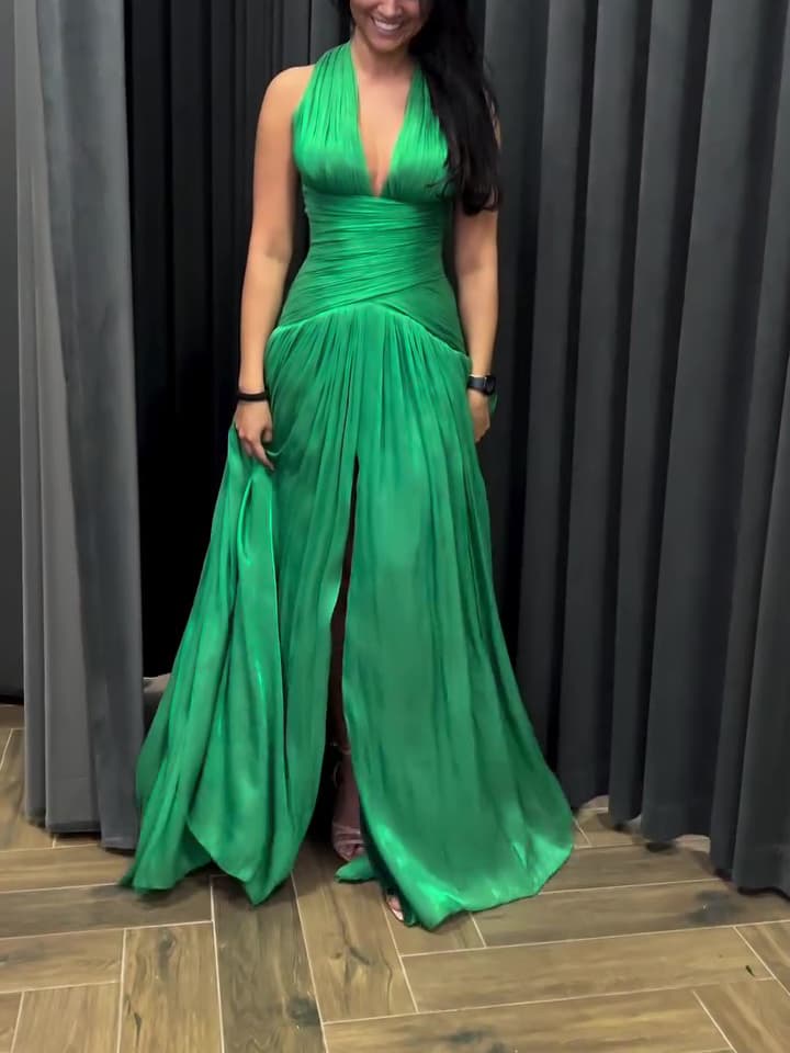 Emerald Green Plunging Neckline Gown with Pleated Skirt and 1