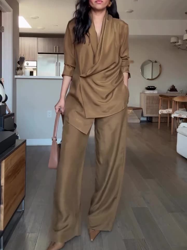 Wrap-style Satin Blouse and Wide-leg Pants Set 1