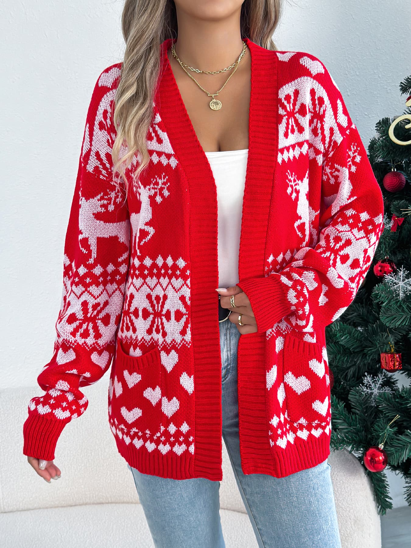 Christmas Deer Pocket Long Sleeve Cardigan Sweater Coat 1