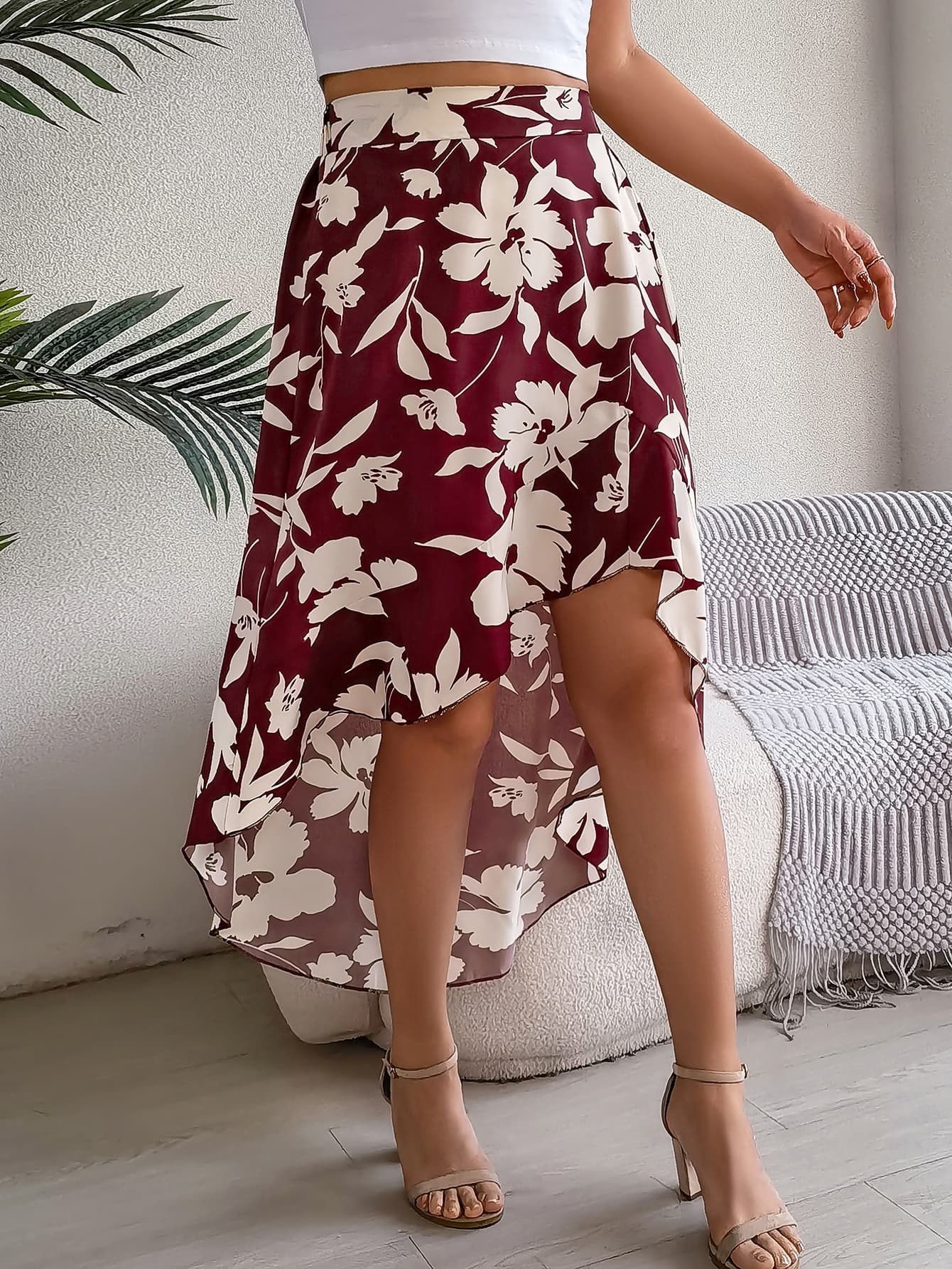 Elegant Floral Print Ruffle Hem Midi Asymmetric Skirt 1