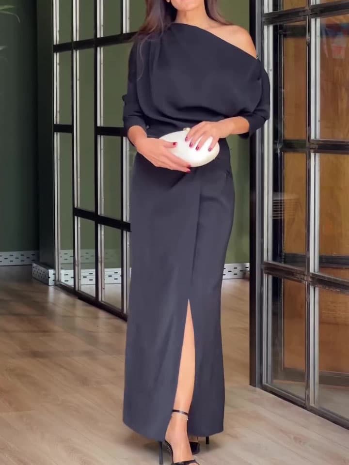 One-shoulder Metal Buckle High Slit Dress 1