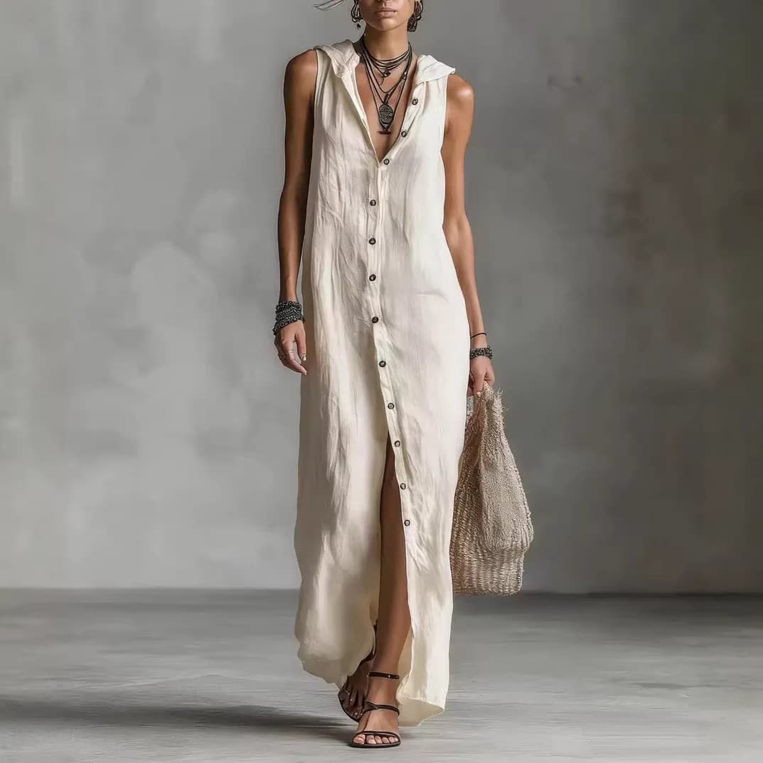 Sleeveless Hooded Maxi Dress with Button Placket Women's 1