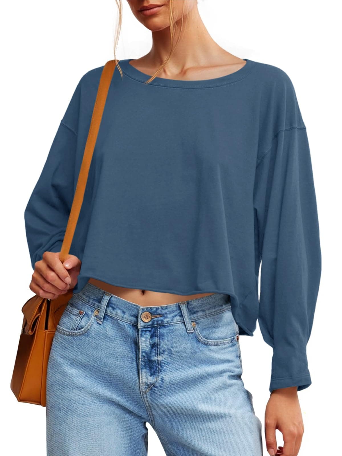Fisoew Womens Long Sleeve Crop Tops Loose Fit Crew Neck 1