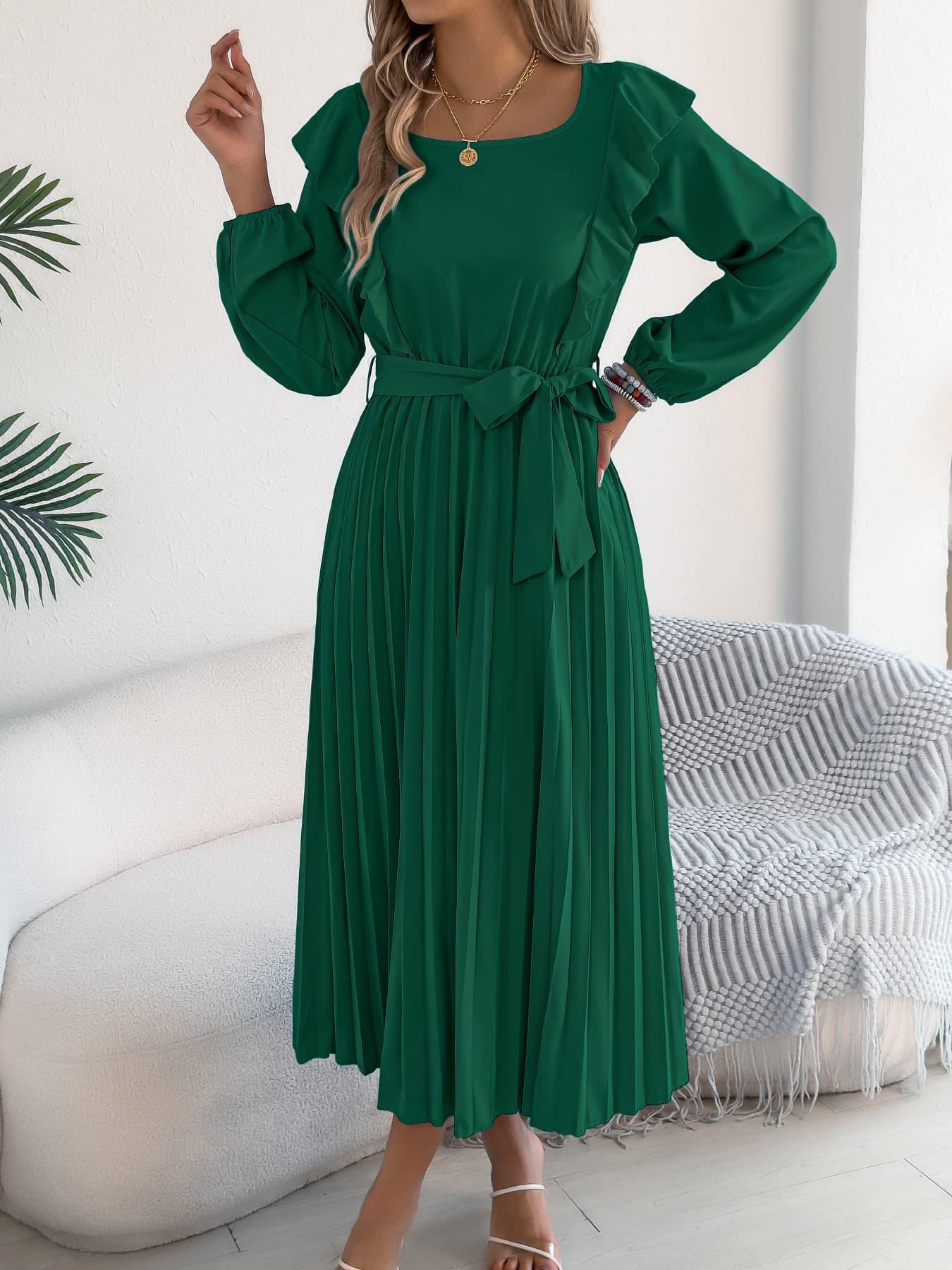 Elegant Ruffle Trim Square Neck Long Sleeve Tie Waist 1