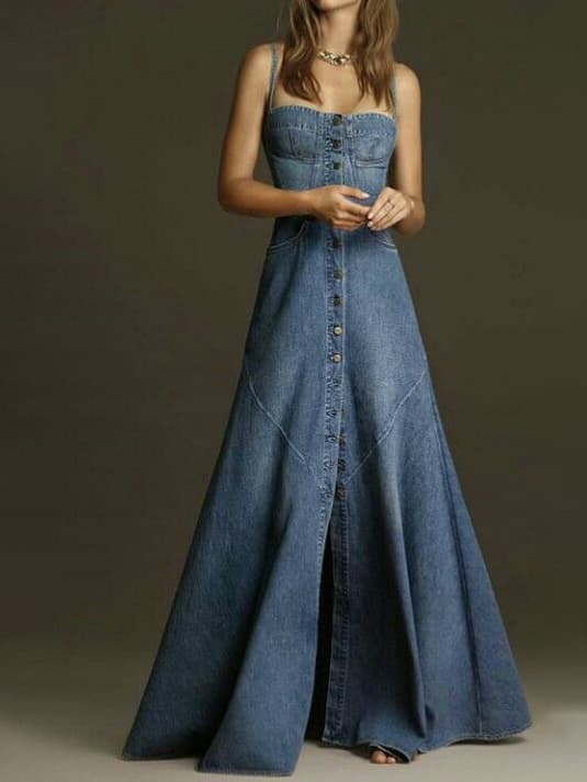 Denim Single-breasted Suspender Dress 1