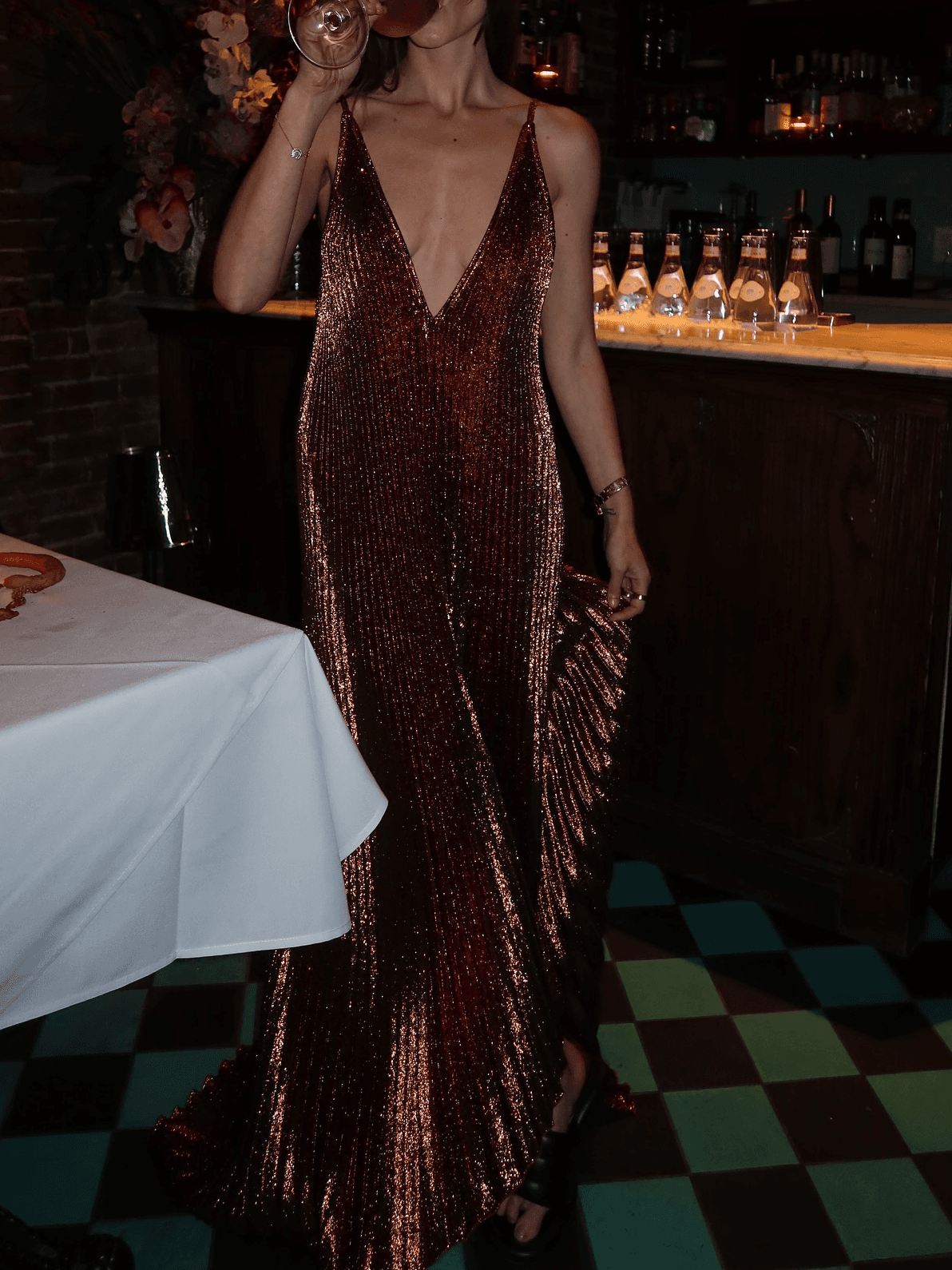 Metallic Plunge V Neck Spaghetti Strap Pleated Maxi Evening 1