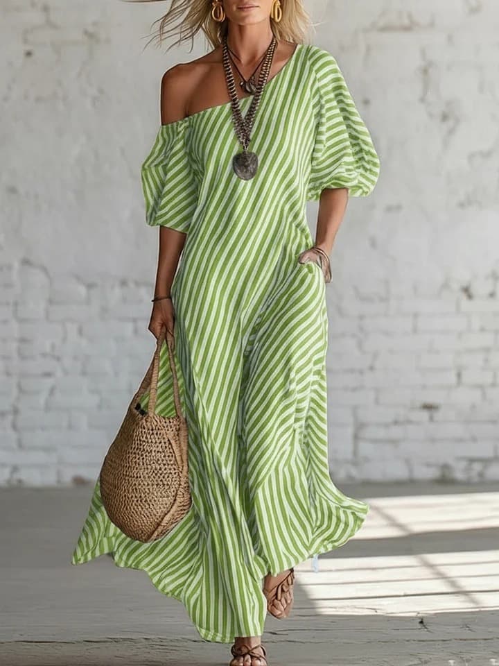 Spring Elegant Striped Off-shoulder Dress 1