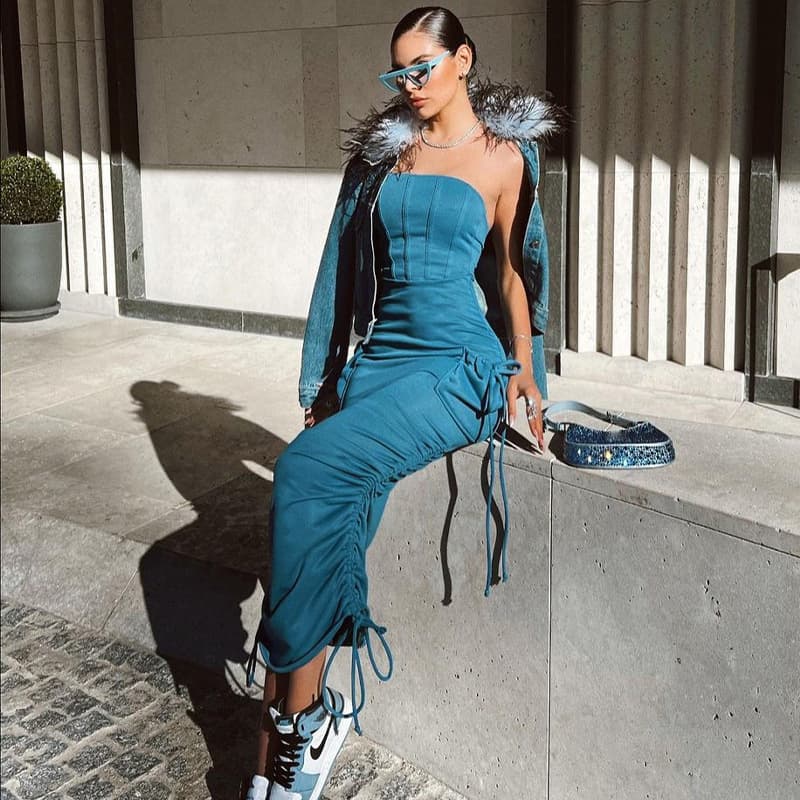 Sheath a Collar Pocket Design Waist Thin Draw Pleated Dress 1