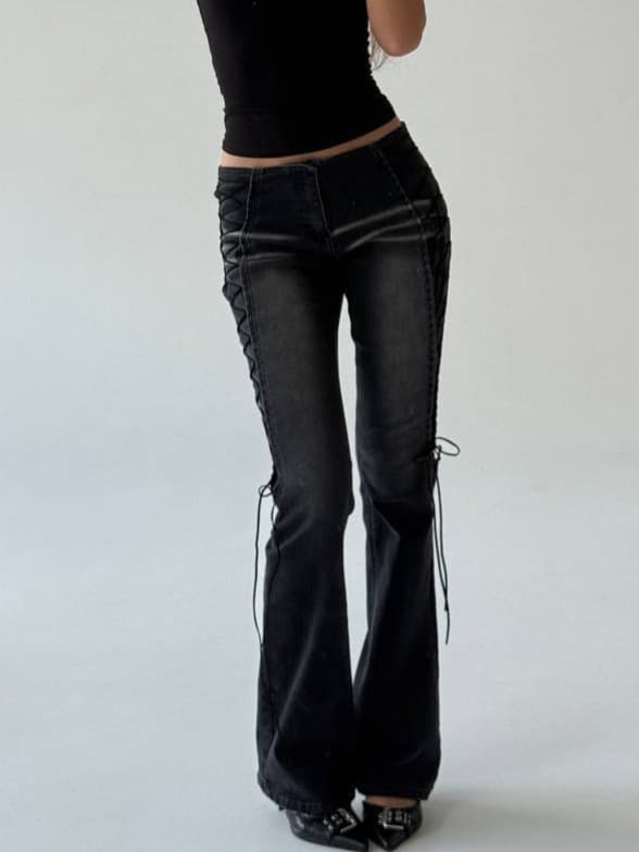 Washed Distressed Side Lace-up Flare Jeans 1