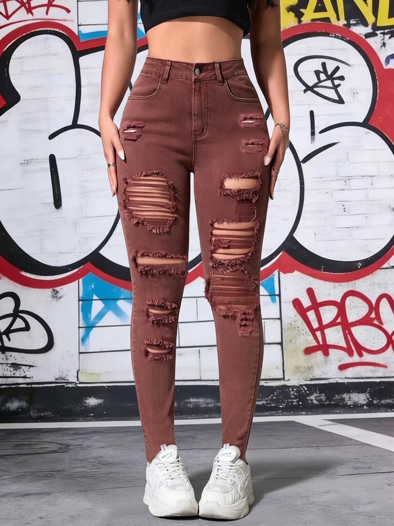 High Waist Brown Ripped Skinny Jeans, Stretchy Distressed 1