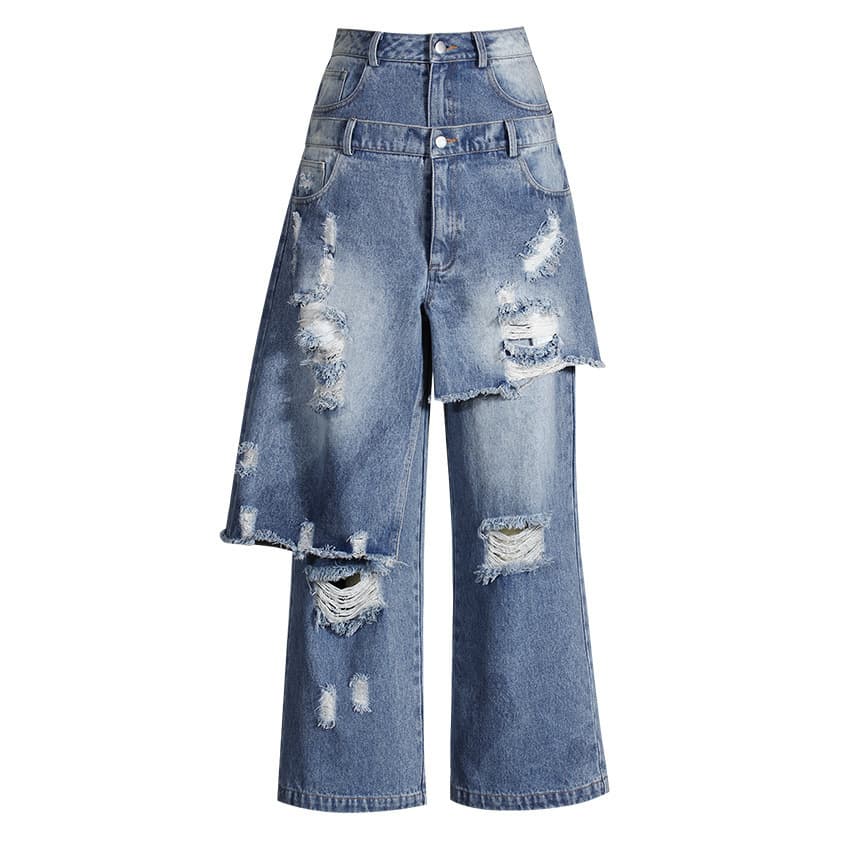 Casual Faux Two-piece Ripped Jeans 1