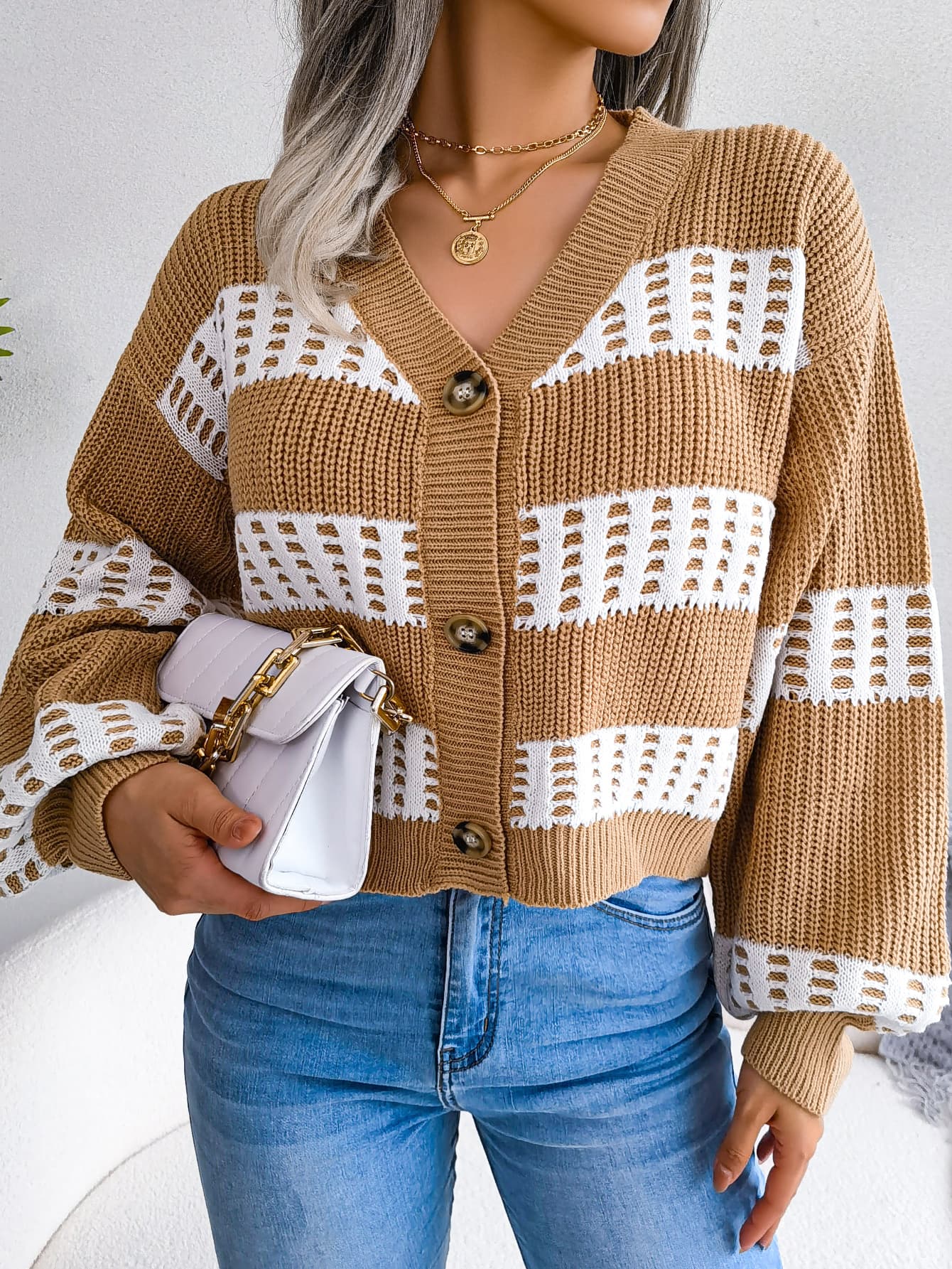 Designer Color Block Lantern Sleeve Cardigan Sweater Coat 1