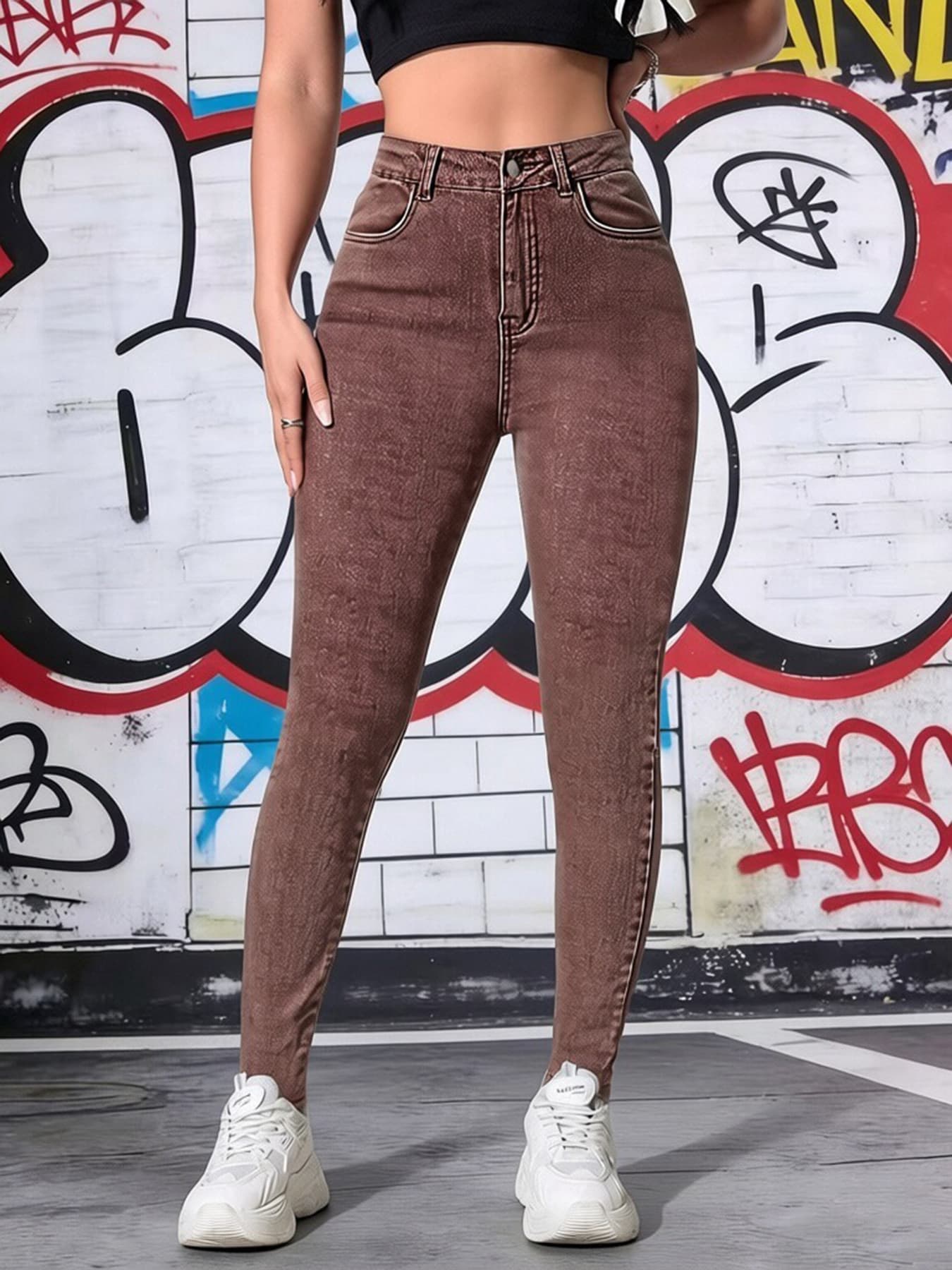 Brown High Waist Skinny Jeans Stretchy 1