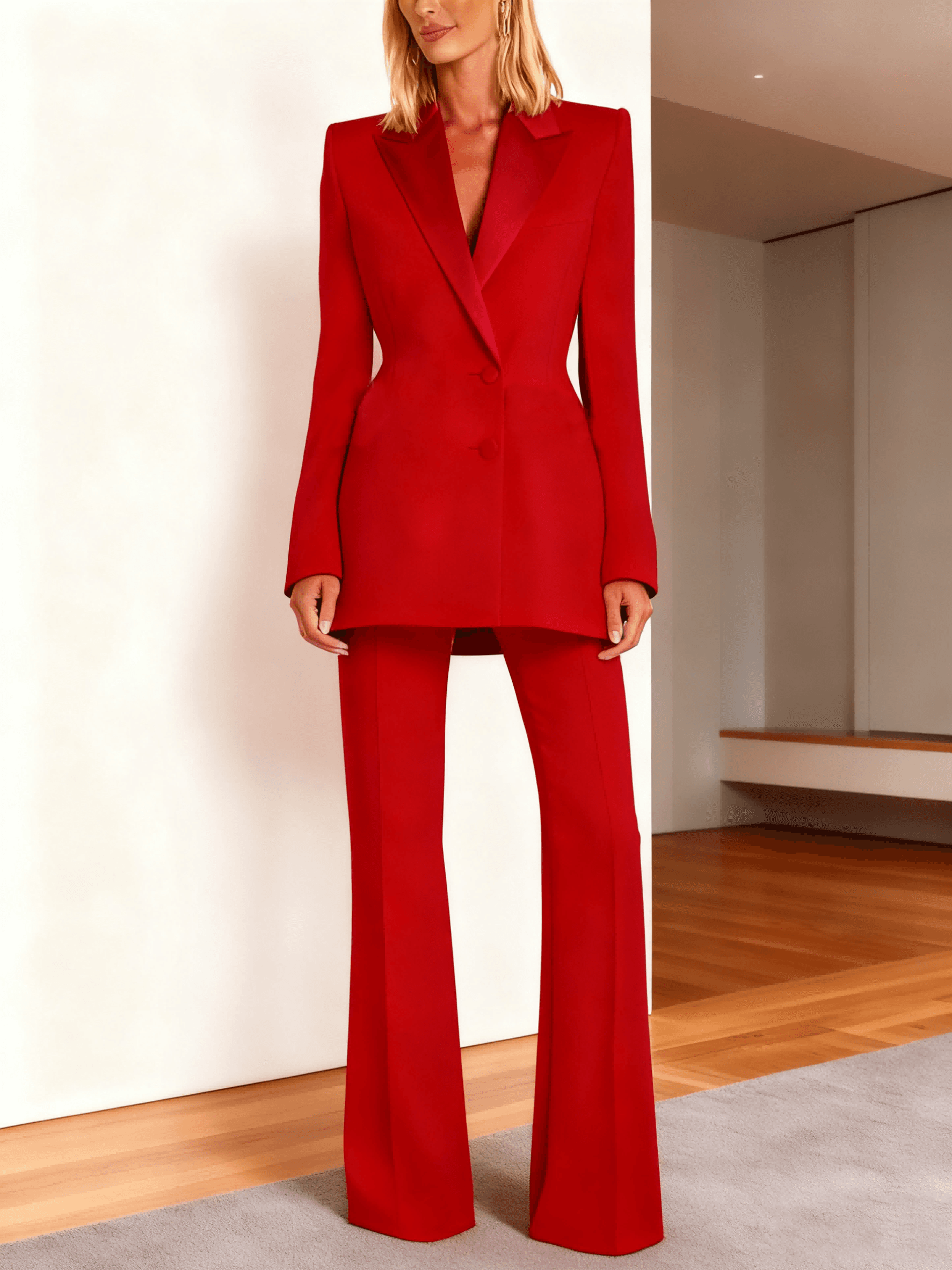 Red Double Breasted Satin Lapel Blazer and Trousers 2-piece 1