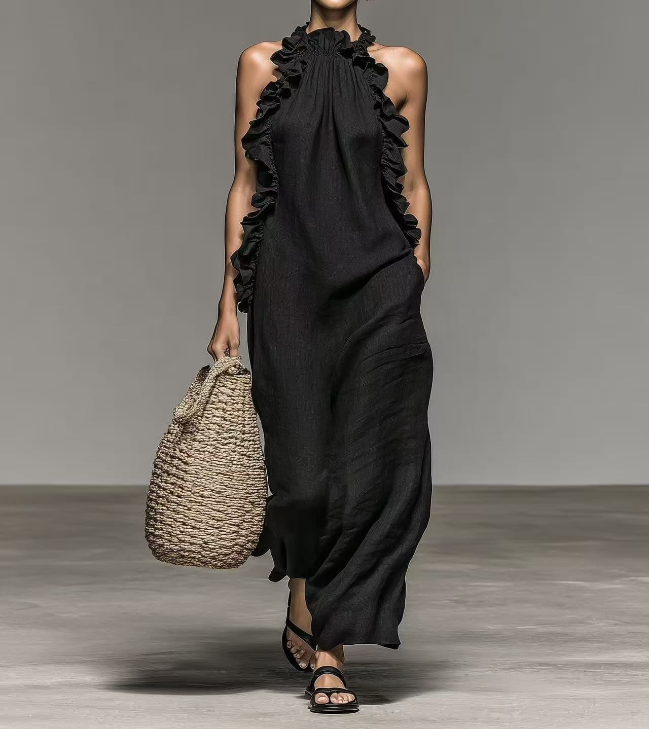 Summer Halter Neck Ruffled Sleeveless Dress, Loose Fit 1