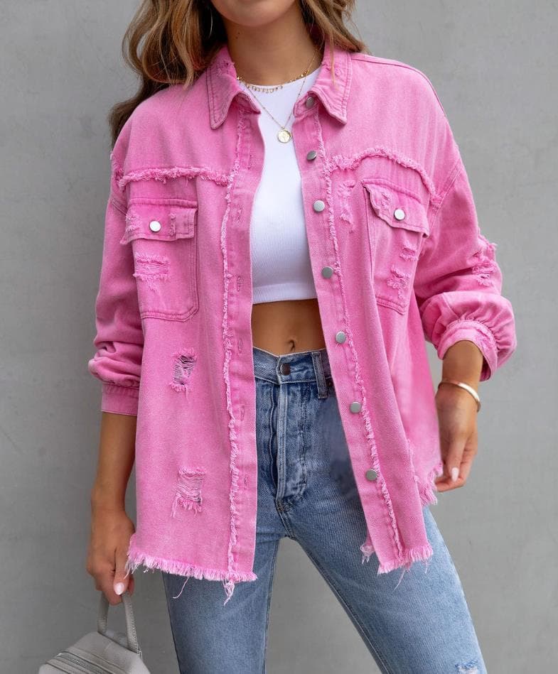 Oversized Frayed Lightweight Denim Jacket Button Down 1