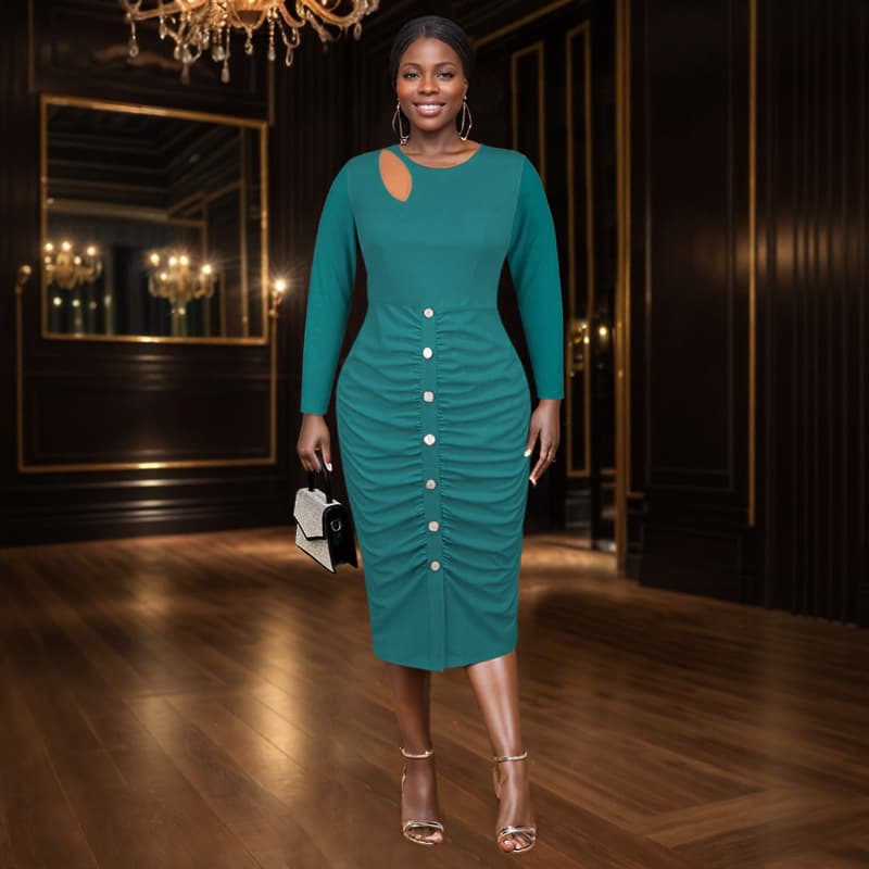 Hollow-out Neckline Button-up Dress 1