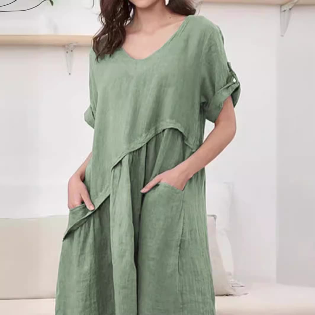 Arrival Short-sleeve Linen V-neck Pocket Dress 1