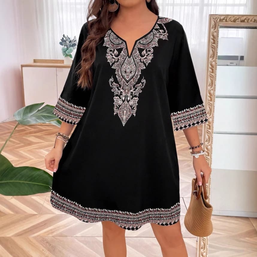 Dress with Three-quarter Sleeves Printed V-neck 1