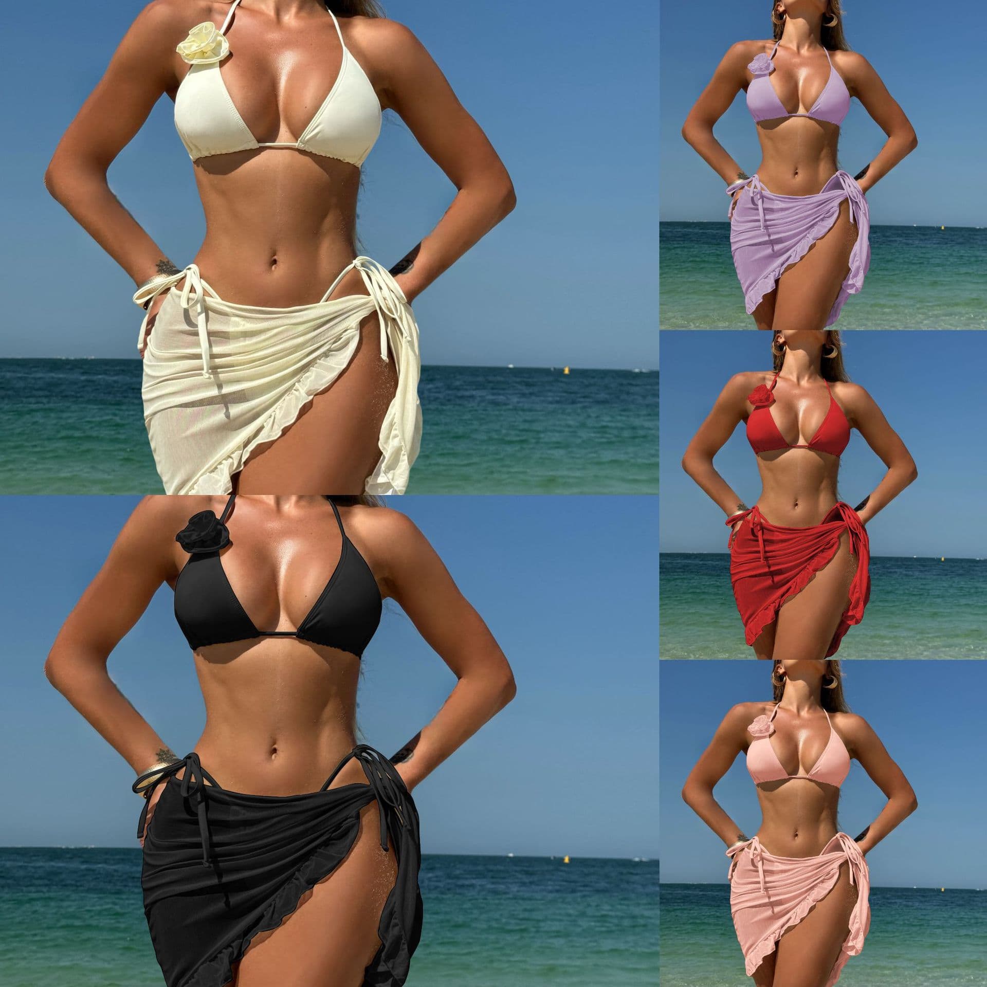 Solid-color Sexy 3-piece Mesh Short-skirt Swimsuit Bikini 1