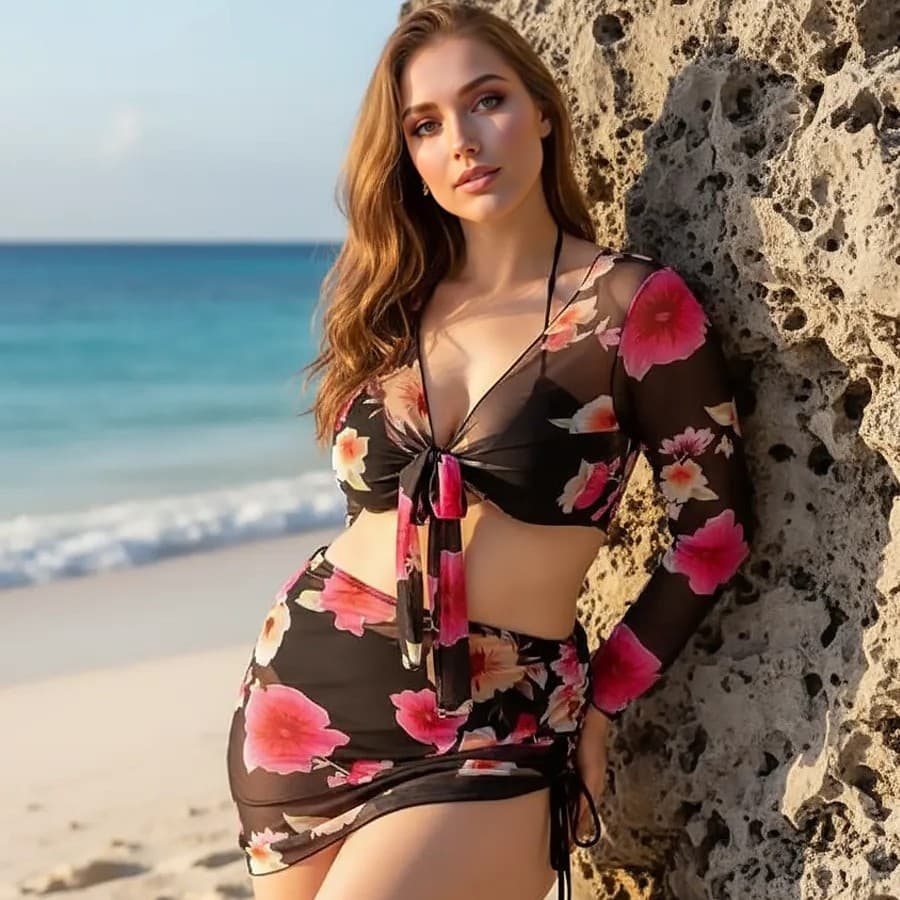 Feminine Mesh Cover-up Bikini Three-piece Set 1