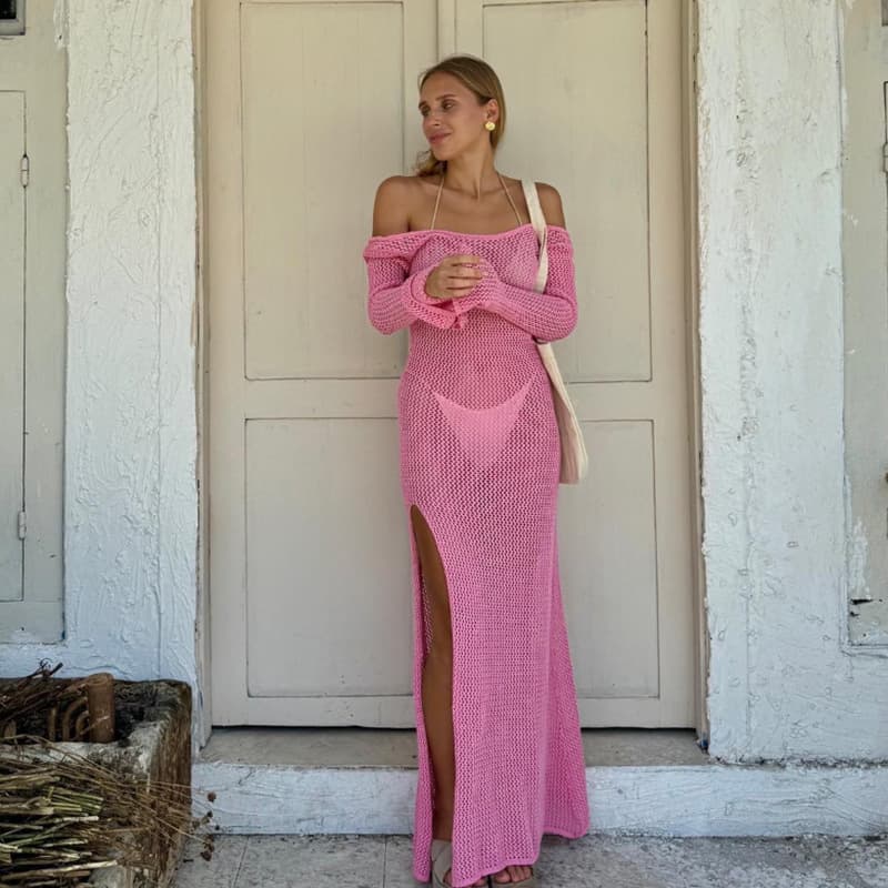 Laid-back Loose-fitting Open-back Side-slit Hollow-out Knit 1