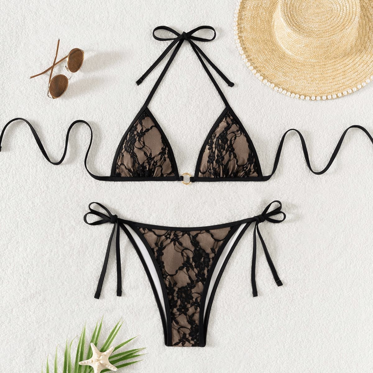 Sexy Slimming Backless Lace Triangle Bikini Set with Straps 1