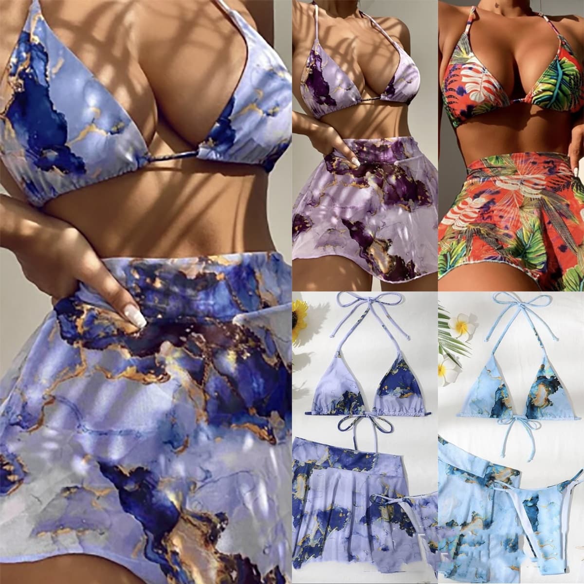Multi-color Marble-print Three-piece Swimsuit Bikini for 1