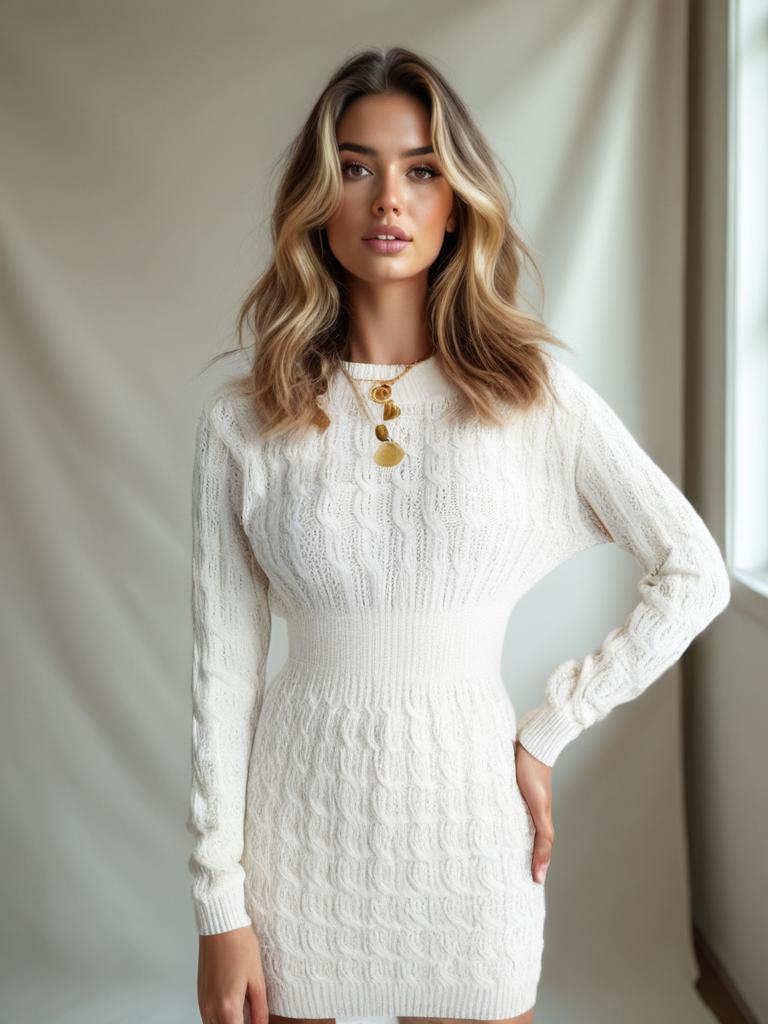 Casual Cable Knit Waist Cinched Bodycon Sweater Dress on model